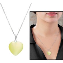 Gül Endam Kalp Tasarım 925 Ayar Gümüş Zincirli Çift Taraflı Soft Yeşil Kedigözü Kolye