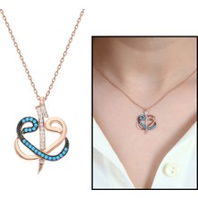 Gül Endam Mavi-Beyaz Zirkon Taşlı Çift Elif Vav 925 Ayar Gümüş Kadın Kolye