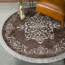 Alanur Home Alanur Trend Kaymaz Dod Tabanlı Saçaklı Dijital Halı Yuvarlak Kahve