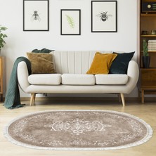 Alanur Trend Kaymaz Dod Tabanlı Saçaklı Dijital Halı Oval Bej