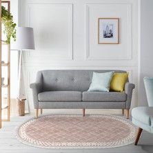 Alanur Trend Kaymaz Dod Tabanlı Saçaklı Dijital Halı Oval Pudra