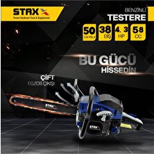 Staxx Power Techno 4.3 Hp 50 cm Pala Tam Professional Çift Egzoz Ağaç Motoru Motorlu Testere Hızar 58 cc