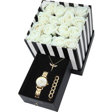 Forentina Beyaz Güllü Kutuda Melek Kolye Bileklik Saat Set