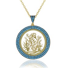 Turkuaz Taşlı Plaka Deniz Atı Gümüş Kolye