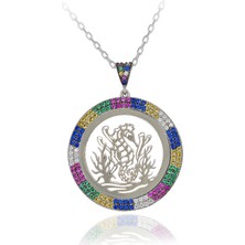 Renkli Taşlı Plaka Deniz Atı Gümüş Kolye