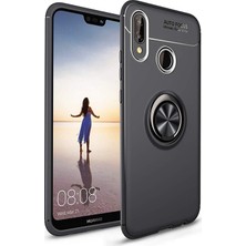 Kzy Huawei P20 Lite Kılıf Renkli Yüzüklü Manyetik Silikon Kapak Siyah - Siyah