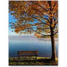 Caka Tablo  Ahşap Tablo Sonbaharda Göl Manzarası ve Boş Bank