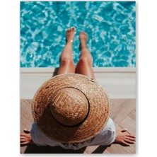 Cakatablo Ahşap Tablo Havuz Kenarı Şapkalı Kadın