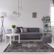 Alanur Home Yıldız Kaymaz Deri Tabanlı Saçaklı Yıkanabilir Dijital Halı Gri̇