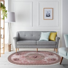 Alanur Home Yıldız Kaymaz Deri Tabanlı Saçaklı Yıkanabilir Dijital Halı Oval Pudra