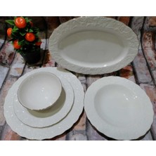 İpek Porselen 26 Parça Yemek Takımı 6 Kişilik Beyaz Bone Malzeme ile Yaldızlı Tasarım