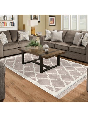 Alanur Home Alanur Trend Kaymaz Dod Tabanlı Saçaklı Dijital Halı Krem