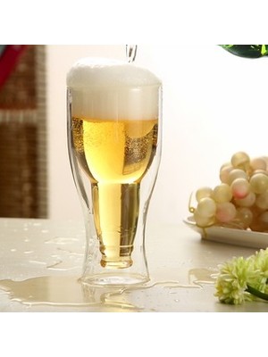 Linan Ware Şişe Tasarımlı Çift Cidarlı Cam Bardak, Bira Meşrubat 350 ml