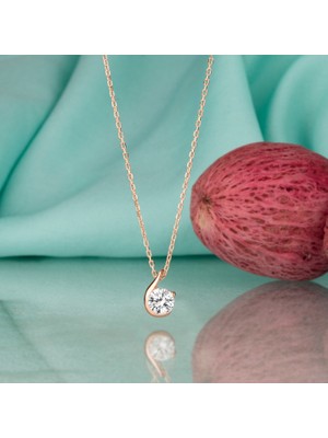 Swarovski Gümüş Kolye  Swarovskı Taşlı Pırlanta Modeli Tektaş Rose Kaplama  Kadın Kolye