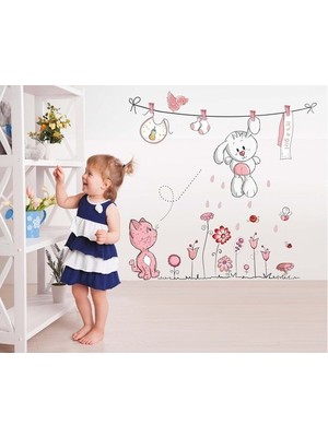 Kt Decoration Bebek Odası Dekorasyonu Çocuk Dekoru Pembe Duvar Sticker Sevimli Tavşan ve Kedi
