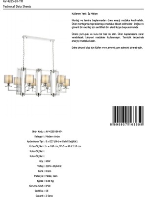 AVONNI AV-60190-8K-YM Krom Kaplama Modern Avize E27 Metal Cam 110x60cm