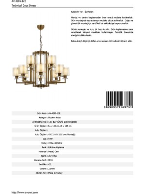 AVONNI AV-60190-12E Eskitme Kaplama Modern Avize E27 Metal Cam 105cm