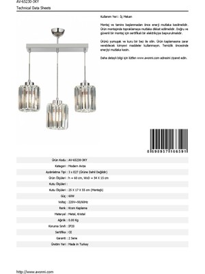 AVONNI AV-65230-3KY Krom Kaplama Modern Avize E27 Metal Kristal 54x15cm