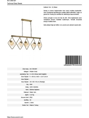 AVONNI AV-60103-5EY Eskitme Kaplama Modern Avize E14 Metal Cam 110x20cm