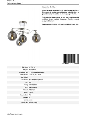 AVONNI AV-60156-4K Krom Kaplama Modern Avize E27 Metal Cam 55cm