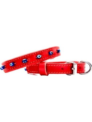 Desingshop Hakiki Deri Nazar Boncuklu Kedi ve Köpek Tasması Kırımızı 38CM x 2 cm