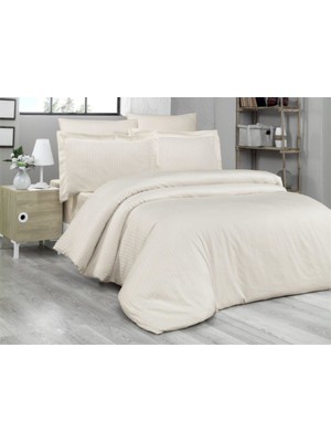 Firuze Pamuk Saten Çizgili Krem Çift Kişilik Nevresim Takımı Firuze