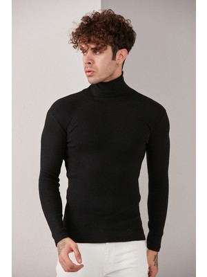 Catspy Erkek Siyah Lycra Boğazlı Triko Kazak Uzun Kol Günlük Kullanım İçin