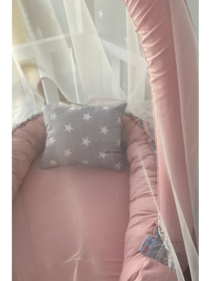 Gri Yıldızlı Pudra Cibinlik ve Oyuncak Askılı Lüx Tasarım Babynest