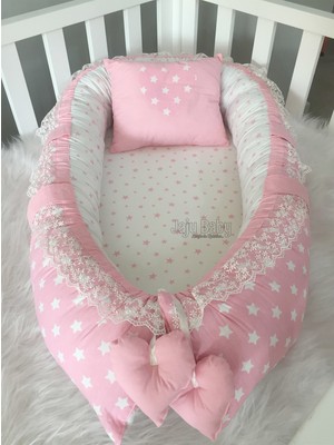 Jaju Baby Jaju Babynest Pembe -Beyaz Yıldız  Lüx Babynest