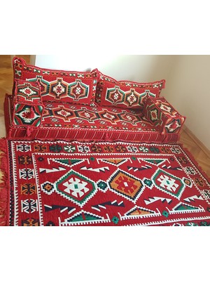 Coton Şark Köşesi Minderi Kafkas Desenli İkili Sedir 120*180cm Kilim Takımı Kırmızı 6 Parça