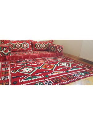 Coton Şark Köşesi Minderi Kafkas Desenli İkili Sedir 120*180cm Kilim Takımı Kırmızı 6 Parça