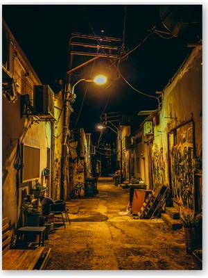 Cakatablo Ahşap Tablo Varoş Sokağında Gece ve Işıklar