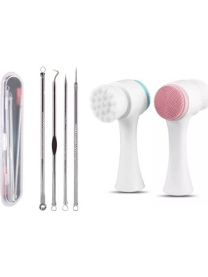 Lusso Cosmetic 4lü Paslanmaz Siyah Nokta ve Temizleyici Komedon + Cilt Temizleme Fırçası