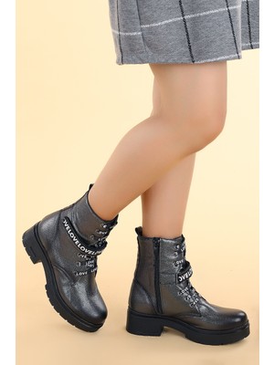 Ayakland 2463-2102 Cilt 4cm Fermuarlı Termo Kadın Bot Ayakkabı Platin