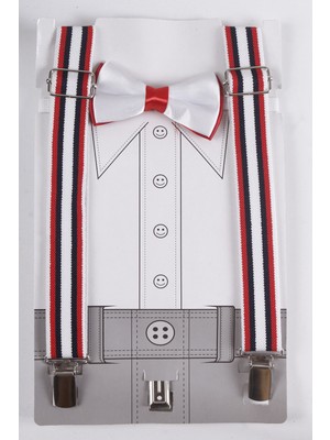 Mileny Beyaz - Kırmızı Çocuk Pantolon Askısı ve Papyon Seti