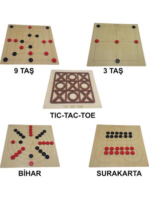 Ahtek Eğitici Ahşap 5li TicTacToe & 3 Taş & 9 Taş & Bihar ve Surakarta Akıl Zeka ve Strateji Oyunu