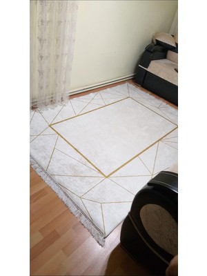 STY Home Platin Kare Kaymaz Tabanlı Yıkanabilir Halı Kilim Yolluk Dijital Baskı Beyaz Gold