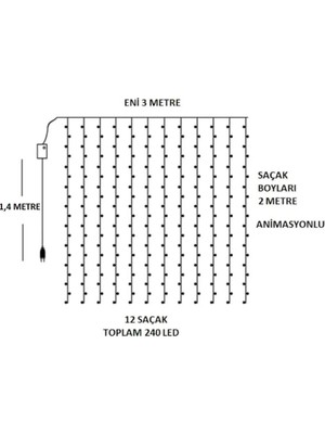 Technosmart 3x2 Metre Perde LED Animasyonlu 12 Saçaklı 240 Ledli Fişli Eklenebilir 8 Fonksiyonlu