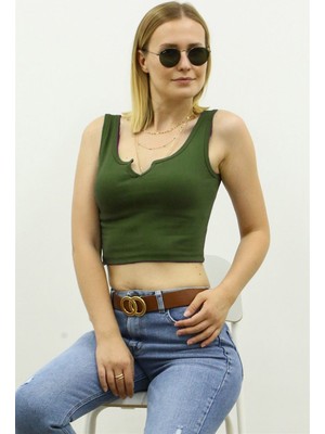 Madmext Mad Girls Önü Detaylı Haki Crop Top MG362 S