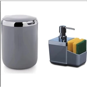 Mutfak Sıvı Sabunluk+Çöp Kova 2 Li Set Gri