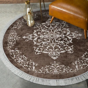 Alanur Home Alanur Trend Kaymaz Dod Tabanlı Saçaklı Dijital Halı Yuvarlak Kahve