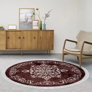 Alanur Home Alanur Trend Kaymaz Dod Tabanlı Saçaklı Dijital Halı Yuvarlak Bordo