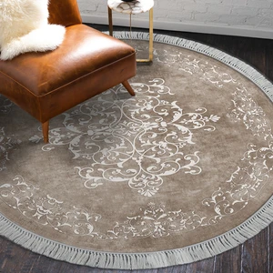Alanur Home Alanur Trend Kaymaz Dod Tabanlı Saçaklı Dijital Halı Yuvarlak Bej
