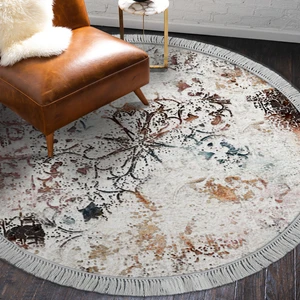 Alanur Home Alanur Trend Kaymaz Dod Tabanlı Saçaklı Dijital Halı Yuvarlak Renkli̇