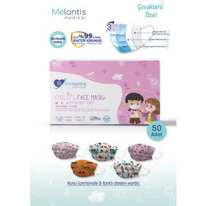 Melantis Medikal Meltblownlu 3 Katlı Telli Cerrahi Maske Kız Çocuk 1 Kutu = 50 Adet Renkli