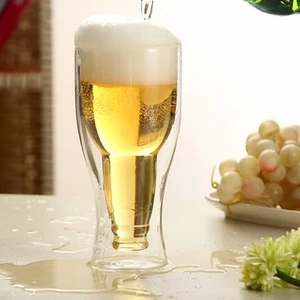 Linan Ware Şişe Tasarımlı Çift Cidarlı Cam Bardak, Bira Meşrubat 350 ml