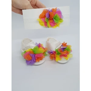 169 - Renkli Çiçek Motifli Bebek Saç Bandı ve Patik Seti (2'li)