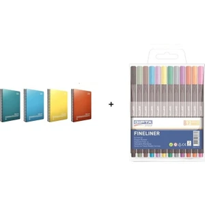 A5 Fresco Spiralli Pp Kapak 72 Yaprak Defter Seti 4'lü + Gıpta Fineliner Pvc Blister Üçgen Kalem 12 Renk 0,4 mm
