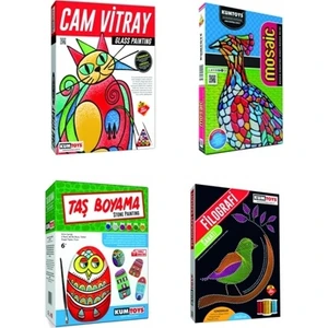 Cam Vitray + Mosaic Kabartma + Taş Boyama + Filografi Sanatı 4'lü Set