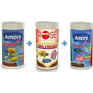 Cichlid Mix 250ML + Rose Pro Colour 250ML + Amore Malawi Mix 250 ml Kutu Ciklet Balık Yemi